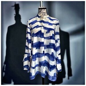 Lafayette 148 Abstract Blue & Ivory Silk Tunic Blouse – Size Small